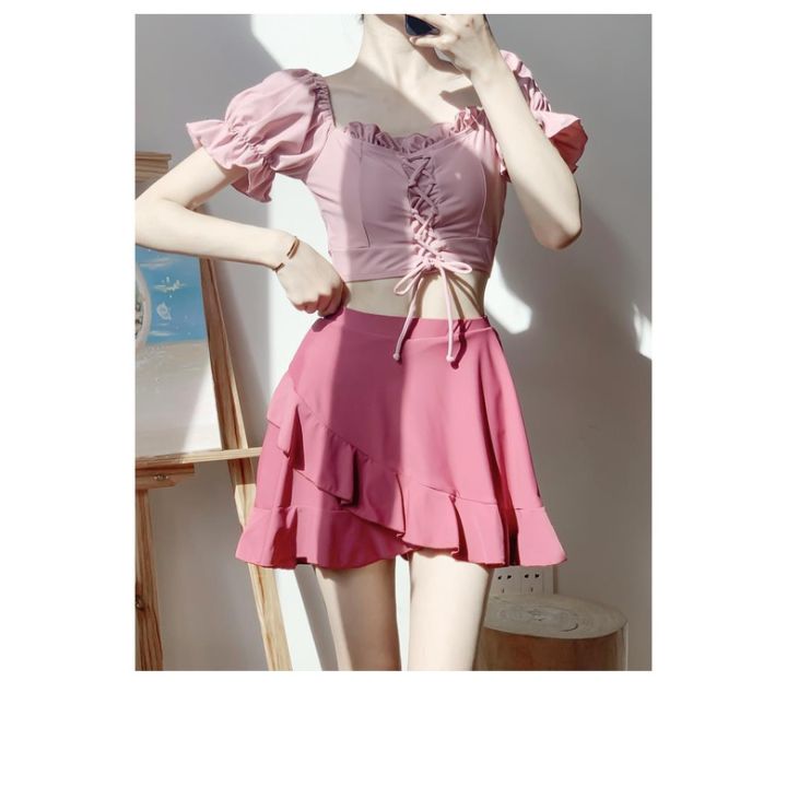 Super Fairy Pure ins Japanese Style Short Sleeve Hot Spring Bathing Suit Style Girl High Waist Conservative Student Split Skirt Style 2024