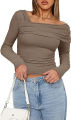 Yfashion Women's Casual Tops One Off Shoulder Long Sleeve Top Ruched Slim Fit Shirt Crop Top Fashion Trendy Tee Shirt. 