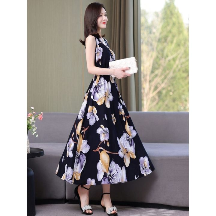 Summer Noil Poplin Dress Large Size Loose Floral Mid-Length Sleeveless Suspender Skirt Outer Wear Bottoming Vest Long Skirt for Women