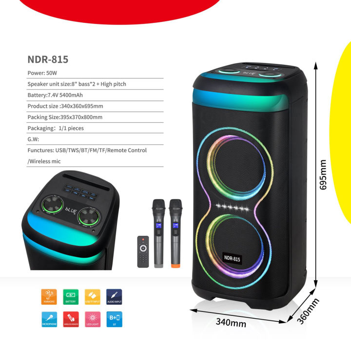 NDR-815%20Dual%208"%20Portable%20Wireless%20Bluetooth%20Speaker%20with%202%20Wireless%20Mic%20RGB%20Light,%20FM%20Mic,%20FM,%20AUX,%20USB,%20SD%20Card,%20Guitar%20in%20Karaoke%20Speaker%20with%20Dual%20Mic%20Buffel%20Subwoofer%20Music%20Player%20Party%20Box%20NDR%20815%20Partybox%20-%20Image%208