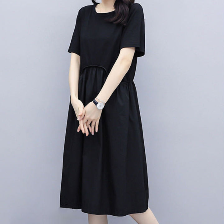Yfashion%20Women%20Cotton%20Short%20Sleeves%20Dress%20Simple%20Elegant%20Solid%20Color%20Round%20Neck%20A-line%20Skirt%20Loose%20Casual%20Dress%20With%20Pockets%20-%20Image%204