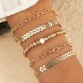 5pcs/sets Bohemian Leaf Gold Bracelets for Women Charms Beaded Chain Adjustable Jewelry Accessories  15774. 
