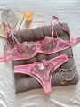 Floral Embroidery Lingerie Set, Mesh Unlined Bra & Mesh Panty, Women's Lingerie & Underwear. 