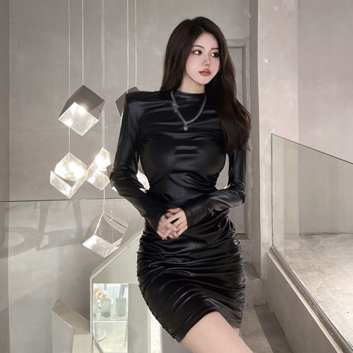 leather long sleeve bodycon dress Women's Leather Bodycon Full Sleeves Long Dress