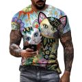 Summer men's short sleeved 3D printed polyester o-neck casual color pattern loose top T-shirt oversized. 
