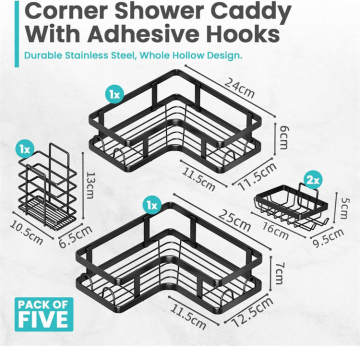 5-Piece%20Bathroom%20Organizer%20Set%20-%20Self-Adhesive%20Corner%20Shower%20Caddy,%20Soap%20Dish%20&%20Toothbrush%20Holder%20-%20Rust-Proof%20Stainless%20Steel%20-%20No%20Drilling%20Wall%20Mount%20Storage%20Rack%20(Black)%20-%20Image%202