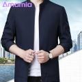 Men Coat Stylish Men's Slim Fit Jacket with Stand Collar Perfect for Business Casual Wear Zipper Closure Multiple Pockets Trendy Mid-aged Outwear Men Cold Weather Coat. 