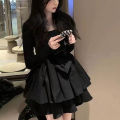 Korean Style Long Sleeve Drees Women Autumn Patchwork Square Collar Black Puffy Dresses Woman Fashion Prom Bow Black Mini Dress. 