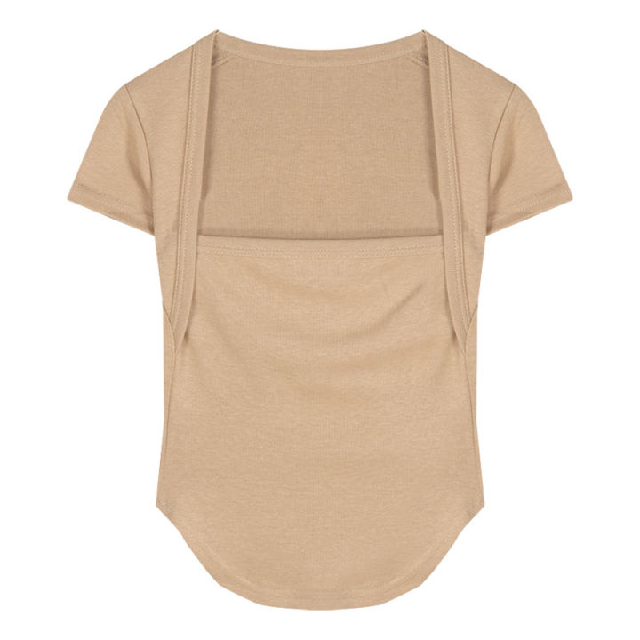 Hong%20Kong%20Style%20Square%20Collar%20T%20T-shirt%20Women's%20Autumn%20Pure%20Desire%20Short%20Model%20in%20White%20Color%20Slim%20Fit%20Sexy%20Hot%20Girl%20Short%20Sleeve%20Design%20Blouse%20-%20Image%205