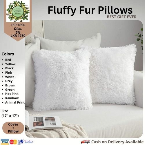 Fluffy Plush Faux Fur Sofa Pillow Extra Soft Cover and Pillow Home decorative Cute White Colour Daraz.lk