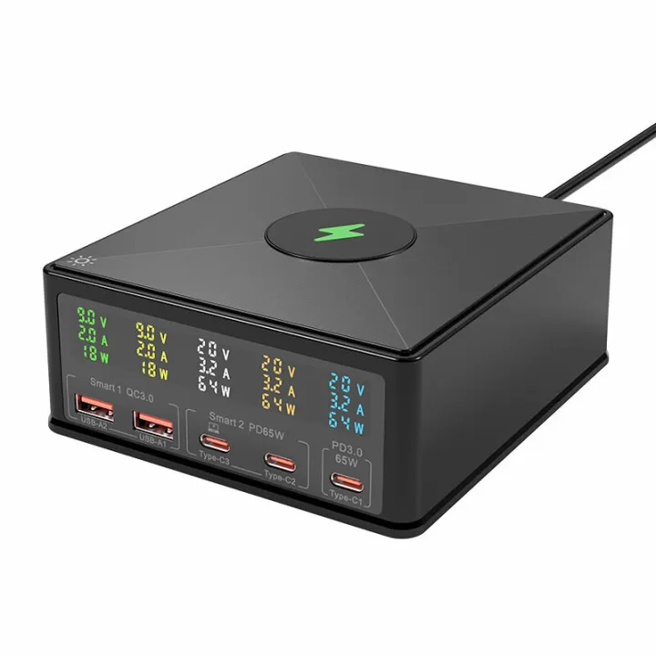868H 160W 5-Port USB PD Charger Dual USB-A QC3.0+Dual PD65W Type-C+65W Type-C PD3.0 with 15W 10W 7.5W 5W Wireless Fast Charger for iPhone 14 14Pro 14Pro Max for Huawei Mate50 for Samsung Galaxy S23 for Xiaomi 13pro-Black