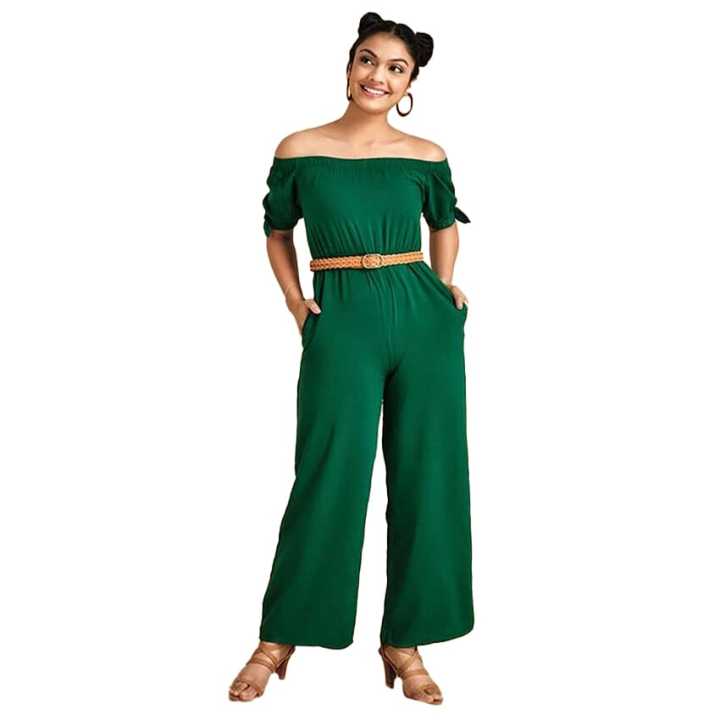 Nils Women's Green Jumpsuit  (Off Shoulder Sleeve Knot Jumpsuit)