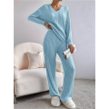 Womens Ribbed Knit 2 Piece Sets Long Sleeve Sweater and Wide Leg Pants Loungewear Pajamas Set. 