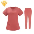 Women Medical Suit 2pcs Unisex Hospital Scrubs Set V-neck Short Sleeve Pockets Elastic Waist Pants Quick Dry Nursing Uniforms Dental Assistant Scrubs. 
