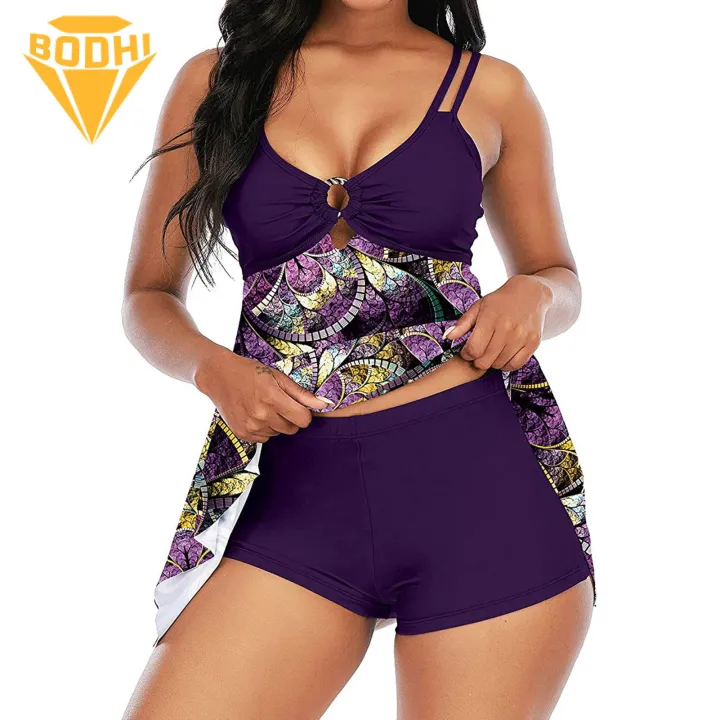Swimwear Stylish Tankini Set with V-neck Irregular Hem No Steel Support Perfect for Swimming 2pcs/set Bikini Set