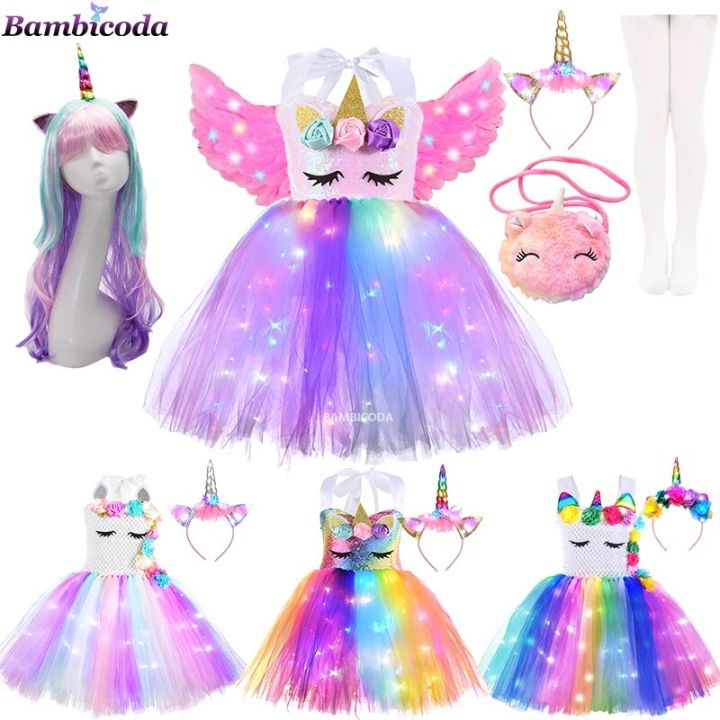 Girls Unicorn Dresses Christmas Kids LED Lights Sequin Pastel Rainbow Birthday Party Tutu Dresses Shiny Princess Cosplay CostumeBasketball