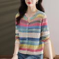Long Sleeved Knitted Button Cardigan Women Autumn Design Rainbow Fashion Top New Korean Style Slim Short Top Stripe Trend. 