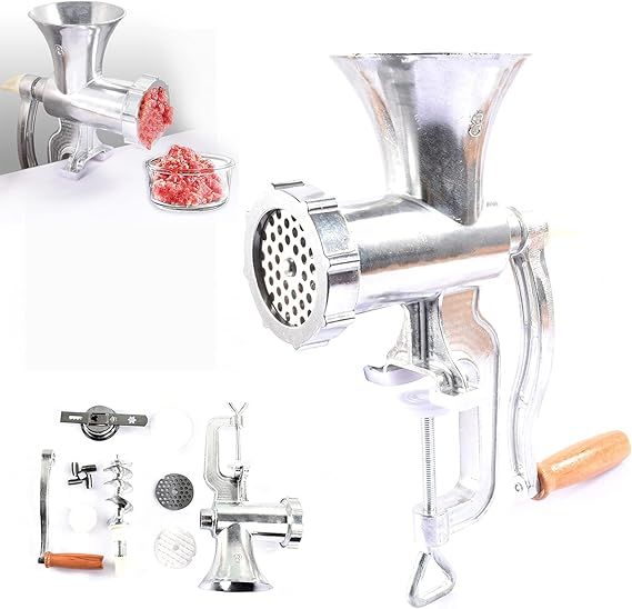 Meat Grinder Meat Mincer - Silver Manual Meat Mincers,Sausage Stuffer Hand Grinder,Hand Crank Mincer Grinding Machine Kitchen Tools for Ground Meat,Enema,Ramen,and Biscuit Making