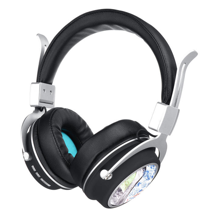 MH5 Wireless bluetooth 5.0 Headphone Foldable Pattern 3D Stereo TF Card AUX Headphone with Mic-Blue