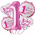 First Birthday Boy Or Girl 5 Piece Foil Balloon Set, Reusable And Self Sealing. 