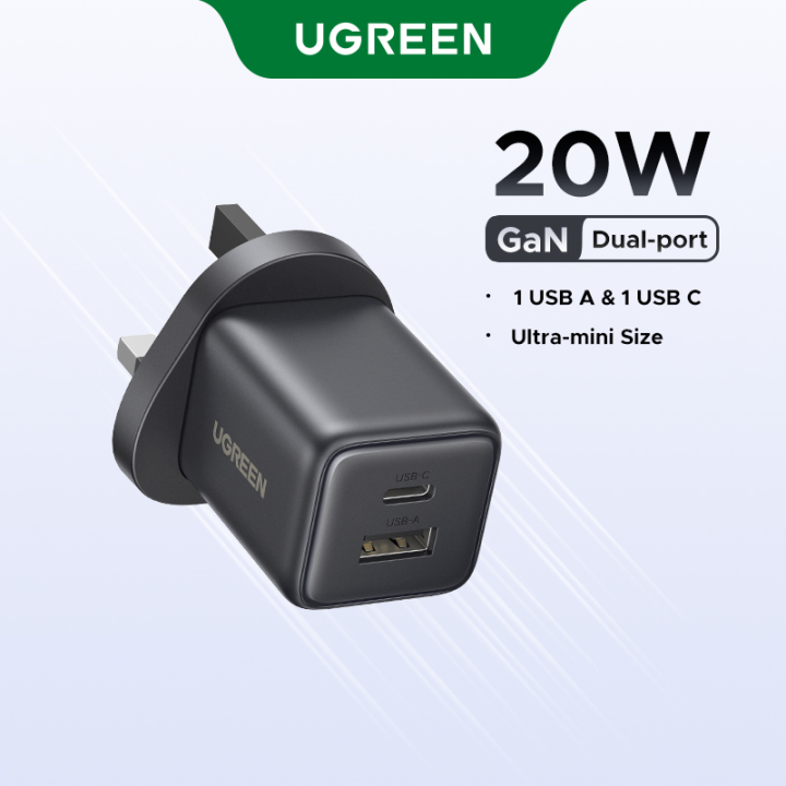 UGREEN 20W GaN Fast Wall Charger 1 USB C 1 USB A Port Charger with QC Portable for iPhone 17 16 15 Pro Max iPhone 16 15 Plus iPad Pro Samsung S25 Ultra S24 Huawei Mate 60 Xiaomi 14