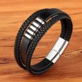 Fashion 3 Layers Black Punk Style Design Leather Bracelet for Men Stainless Steel Magnetic Button Birthday Gift Male Bracelets. 