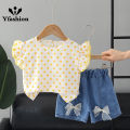 Yfashion 2pcs Summer Cotton Tops Suit For Girls Cotton Sweet Flying Sleeves Shirt Denim Shorts Set For Kids Aged 0-4. 