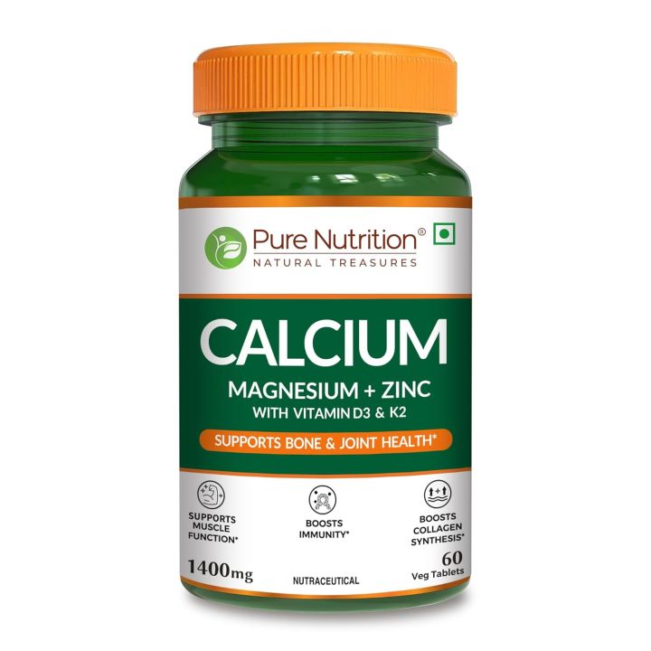 Pure Nutrition Calcium Magnesium & Zinc Supplement with Vitamin D3 & K2 (600 IU) for Women & Men | Supports Bone & Joint Health | Aids Muscle Health, Boosts Collagen Synthesis | 1400mg - 60 Tablets(FROM INDIA)NUSS