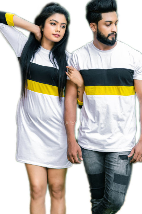 White Color Black Yellow Lined Couple T Shirt Dress AS578 Daraz.lk