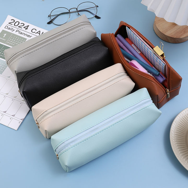 Artificial Leather PU Pen Bag Organizer School Office Supplies Pencilcase Students Stationery Simple Large Capacity Pencil Bag Fashion Dustproof Storage Box 1Pcs