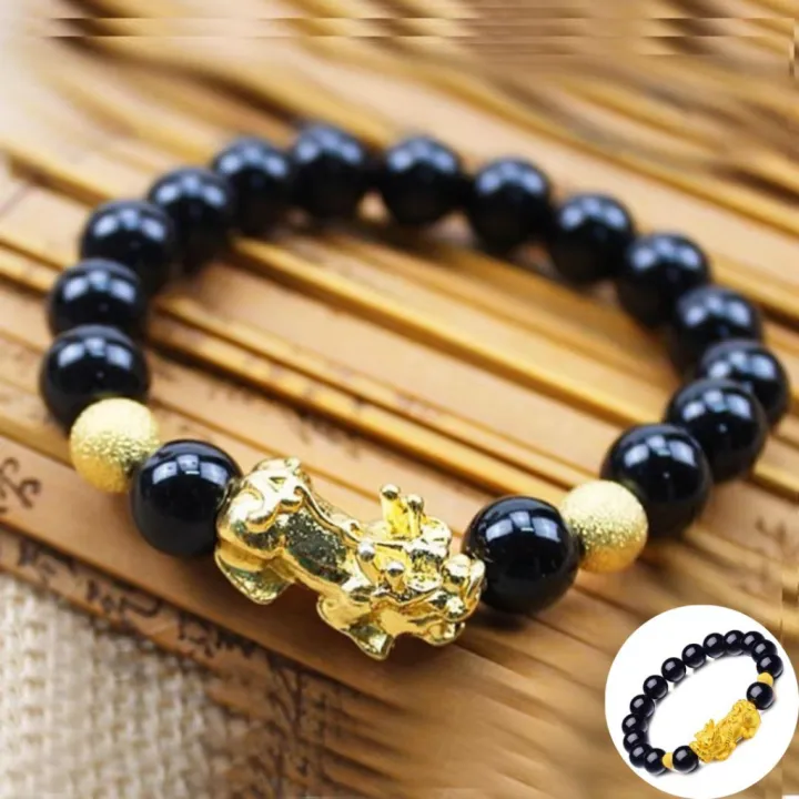 Lucky Fen Shui Bracelet Wealth Bracelet For Men and Women Black Resin Beads Alloy Lion Dragon Fenshui Hand Wear Party Wedding Jewelry