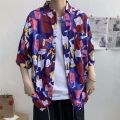 Hong kong style retro ulzzang Short Sleeve Printed Shirt Men's Harajuku Style Loose ins Shirt Beach Couple Sun-Protective Clothing Tide. 