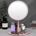 Desk Makeup Mirror with LED Light Lamp and Storage Tray, Dressing Table Rotatable Cosmetic Standing Mirror Light, Adjustable Touch Screen Direct USB Plug in Vanity Mirror. 