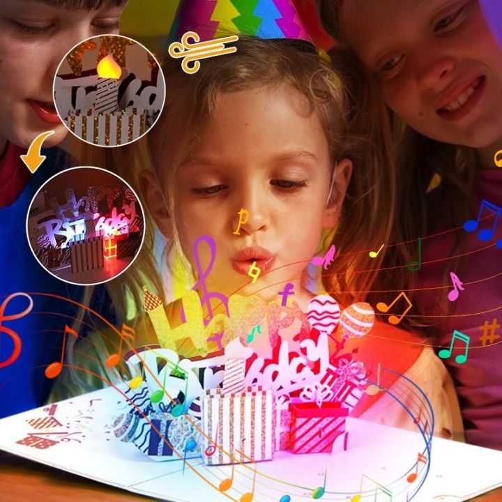 Light Music Birthday Cards 3D Pop Up Blow Out Candle Cake Cards Musical ...