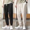 Cotton Linen Pants Men's Thin Summer Loose-Fit Tappered Trousers Korean Style Trendy Casual Summer Construction Site Linen Ankle Length Pants Men. 