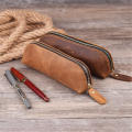 Genuine Leather Pencil Bag Retro Simple Stationery Holder Handmade Pen Case Storage Bag Zipper Pencil Pouch School Supplies. 