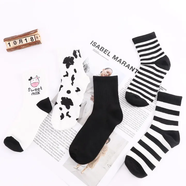 Funny socks striped cow print white black calcetines skarpetki damskie sport cozy harajuku chaussette cute