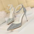 2023New Korean Style Rhinestone Pointed Toe Bridal Wedding Shoes Silver Girl High Heel Sandals All-Matching Ankle-Strap Buckle Shoes. 