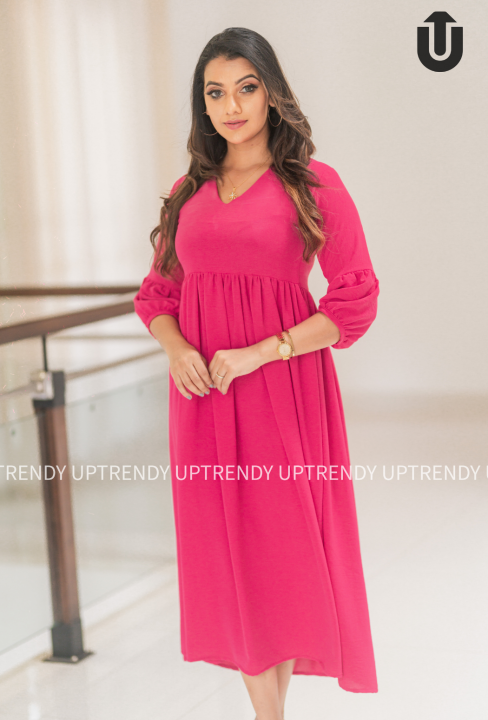 UpTrendy%20Hot%20pink%20Long%20Sleeves%20Long%20cotton%20frock%20%7C%20Dresses%20for%20women%20%7C%20Dress%20with%20side%20pockets%20-%20Image%203