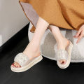 Fairy Style Sandals Women's Summer Lazy Sandals Korean Style Slippers Women's One-Word Net Red Pearl Platform Beach Shoes. 