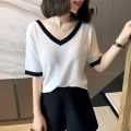 2-300 Jin Short Sleeve Ice Silk New 2024 Summer Thin Loose Slimming Temperament Color Matching V Collar T Women's T-shirt. 