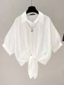 Black, Short Sleeve Shirt Women's Summer Waist-Controlled White Chiffon Shirt High-Grade Niche Batwing Sleeve Short Top. 