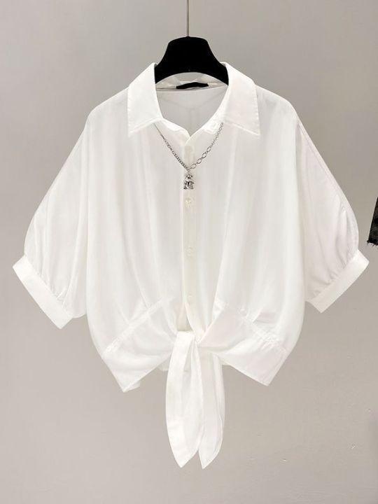 Black, Short Sleeve Shirt Women's Summer Waist-Controlled White Chiffon Shirt High-Grade Niche Batwing Sleeve Short Top