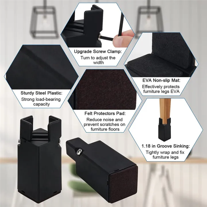 1Set%20Furniture%20Risers%20with%20Adjustable%20Screw%20Clamp%20Table%20Risers%20Chair%20Risers%20Bed%20Risers%20Fit%20Square/Round%20Chair%20Leg%204%20Inch%20-%20Image%202
