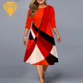 Women Dress Stylish Geometric Print Party Midi Dress Plus Size Loose-fitting Round Neck Women's Fashion A-line Dress. 