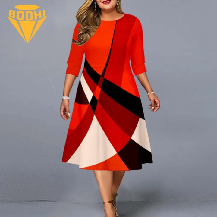 Women Dress Stylish Geometric Print Party Midi Dress Plus Size Loose-fitting Round Neck Women's Fashion A-line Dress