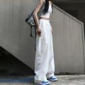 White Pants Overalls Casual Mopping Trousers Women's Spring and Autumn Straight Wide Leg Pants Loose Sports High Waist. 