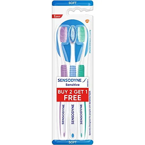 Sensodyne Toothbrush: Sensitive Tooth Brush With Soft Rounded Bristles For Adults, 3 pieces (Manual,Multicolor,Buy 2 Get 1 free)