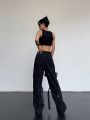 High Street Hip Hop Zipper Decorations Multi-Pocket Cargo Pants Male and Female Trendy All-Match Loose Straight Casual Sports Trousers. 
