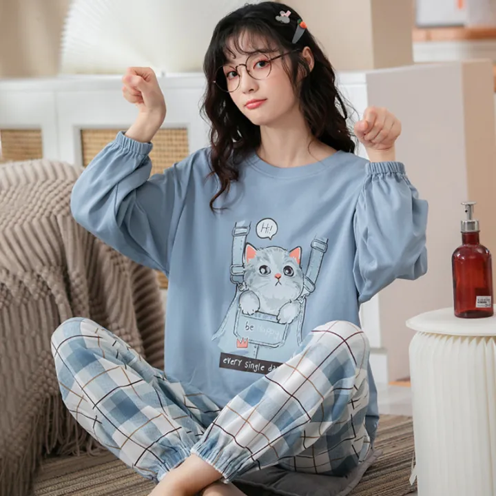 Women's%202%20Pieces%20Pajamas%20Set%20100%25%20Cotton%20Pyjama%20Female%20Pijama%20Women%20Homewear%20Soft%20Sleepwear%20Long%20Sleeve%20O-Neck%20Shirt%20Pants%20Suit%20-%20Image%202